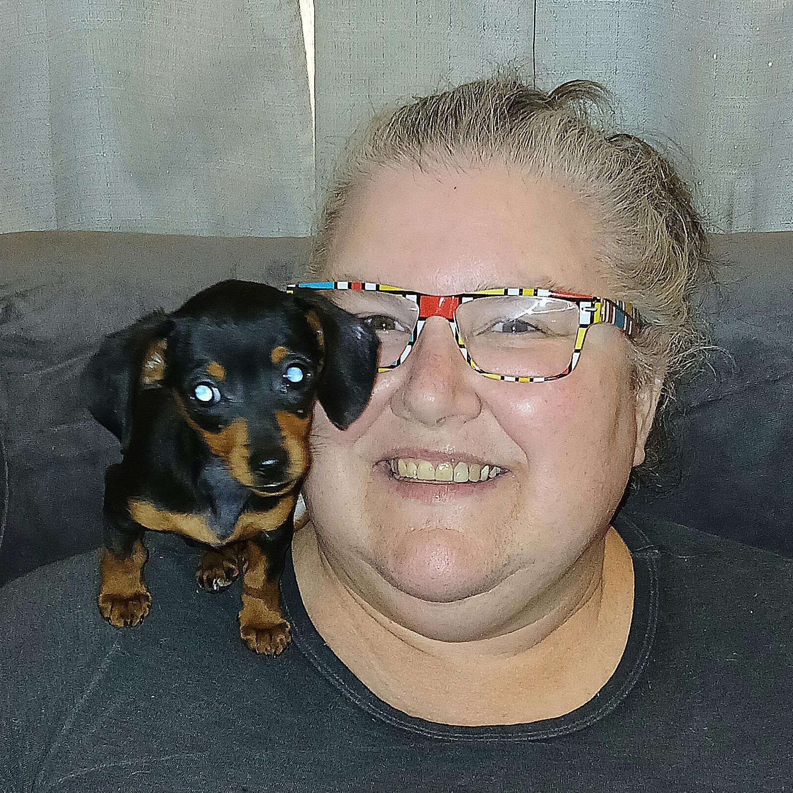 A white woman wearing glasses has an impossibly tiny black and tan dachshund puppy on her shoulder. The puppy is sitting up and looking at the camera.