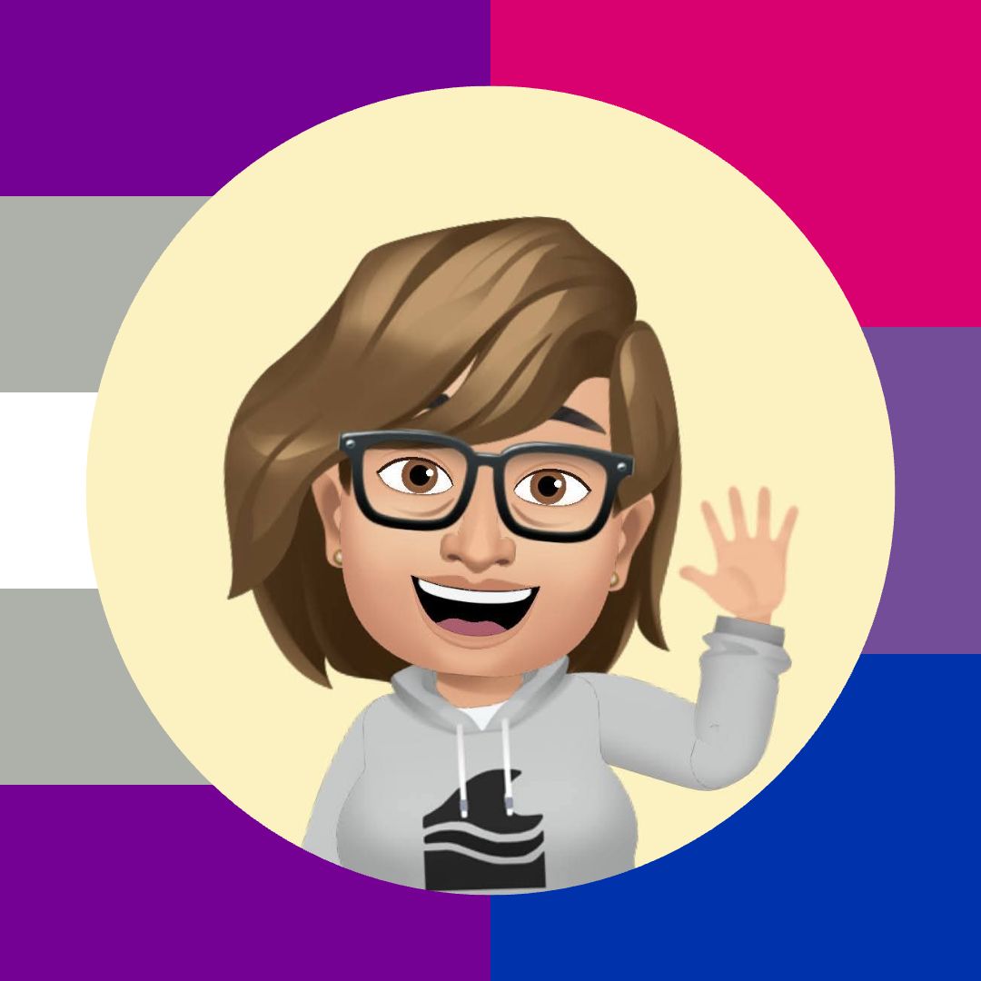 Avatar von mir, eingerahmt von den Pride-Farben von greyasexual links und bisexuell rechts.
