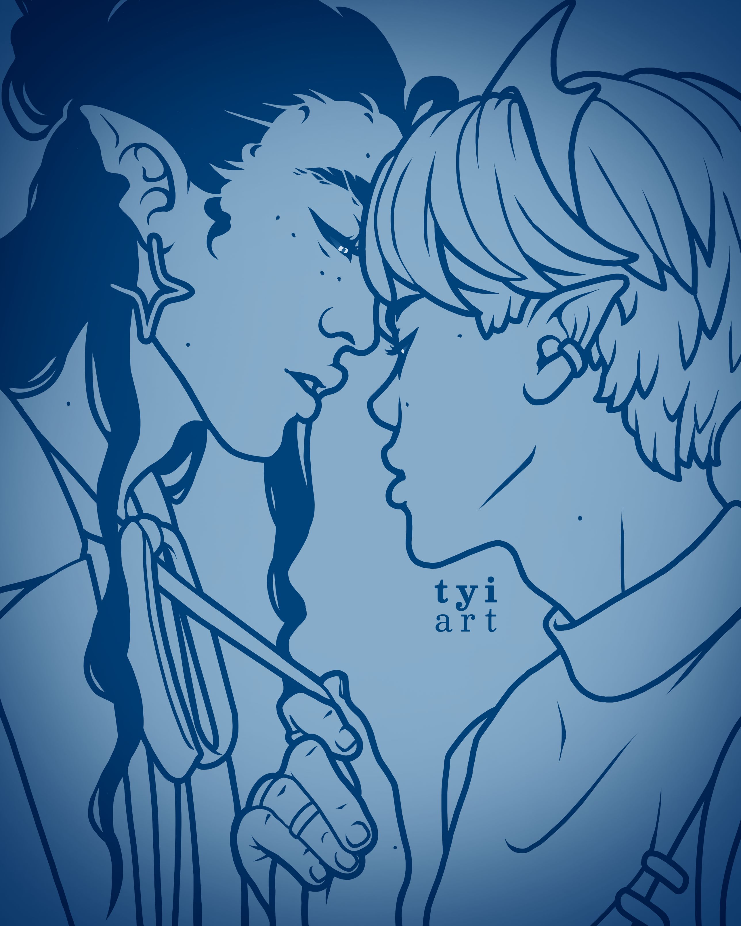 Lineart drawing of two men leaning towards each other as the shorter one - Ethan - pulls onto the ribbon that the taller one - Isaiah - is wearing around his neck.