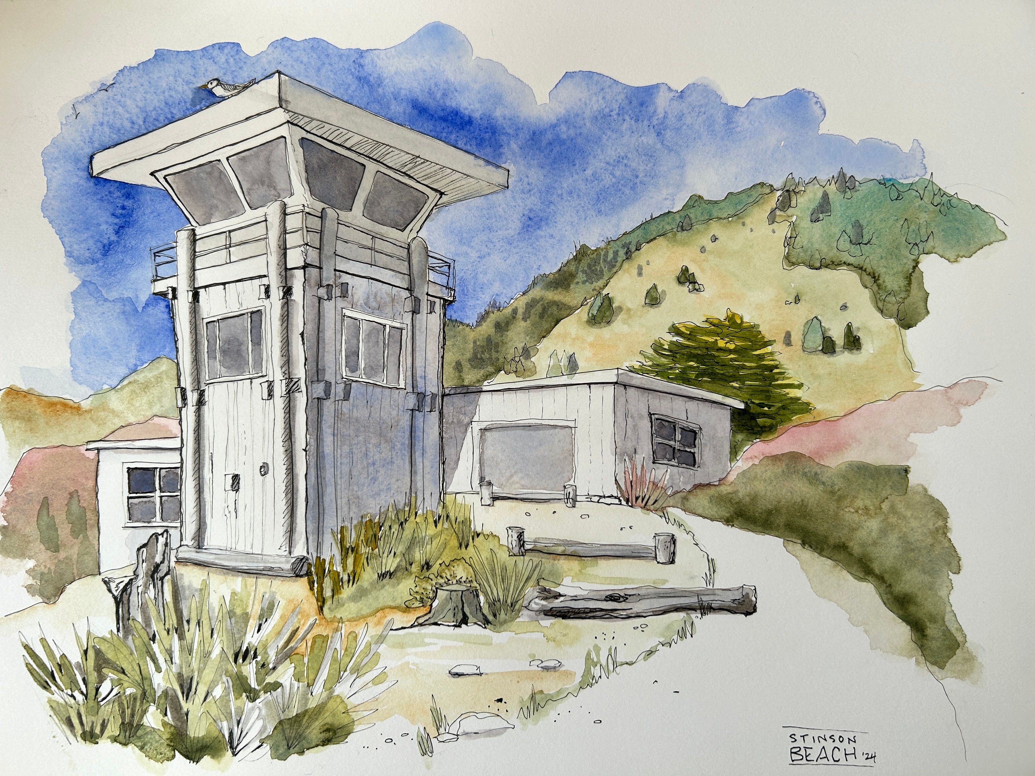 Ink and watercolor sketch of a lifeguard station house on the beach