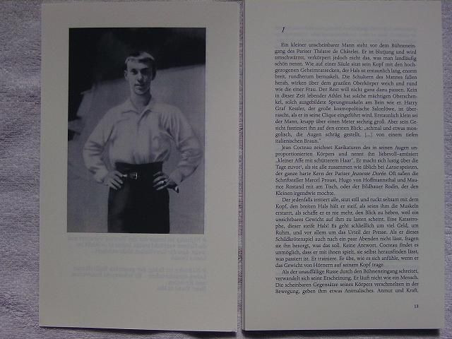 2 pages of book galley proofs of my biography about the famous dancer Nijinsky of the Ballet Russes. At the left a photo when he was a very young dancer, at the right the text.