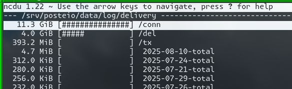 ncdu. logs conn directory is 11GB, del is 4GB, tx is another 393MB