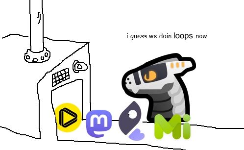 "i guess we're doing circles now" meme but it's various fedi software and the synth.download synth is saying "i guess we're doing loops now" as loops is produced from the machine