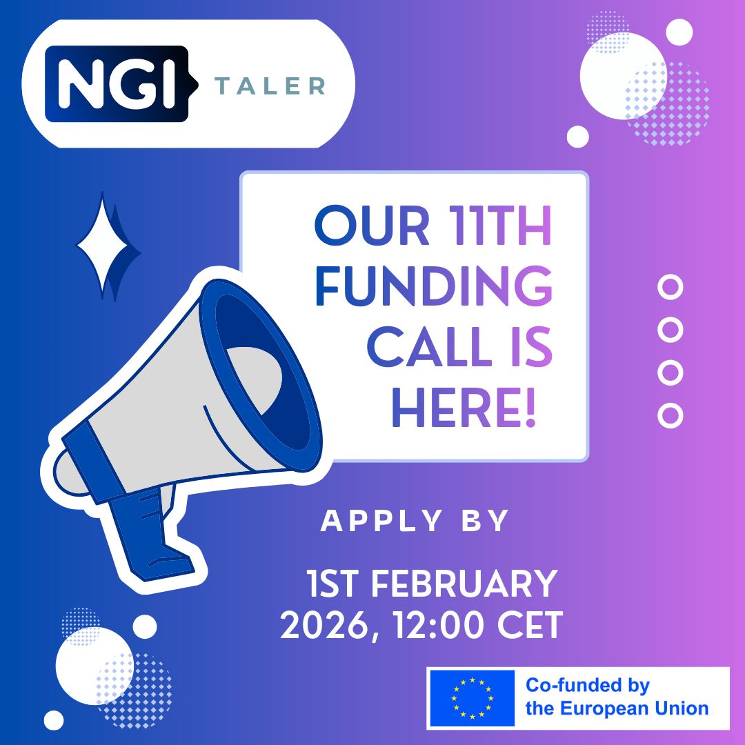 Promotional graphic announcing NGI Taler’s 11th funding call. The image features a megaphone and text that reads ‘Our 11th funding call is here! Apply by 1st February 2025, 12:00 CET’. The NGI Taler logo appears at the top, and at the bottom is the European Union flag with the caption ‘Co-funded by the European Union’. The background is a gradient of blue and purple with abstract shapes