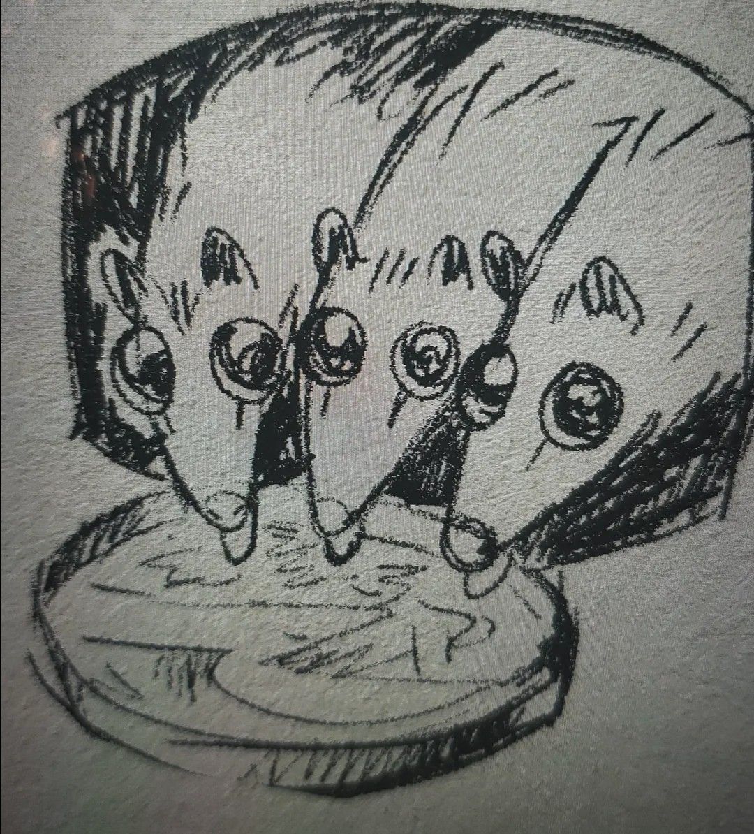 A crudely drawn sketch of three baby possums lapping at a bowl. Their faces have big silly googly eyes.