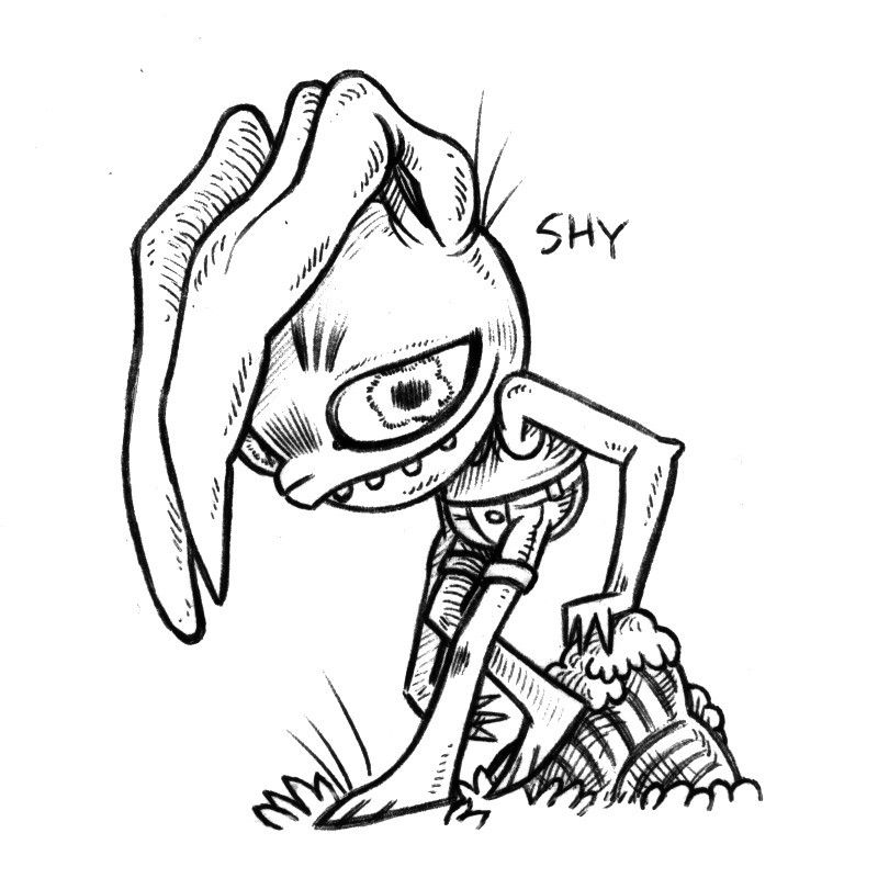 an ink drawing of a humanoid goblinesque rabbit named Shy. Shy's ears are drooping forward, they have  big eyes with wavy irises, their teeth are sticking out from under their upper lip. They are grinning, shyly.