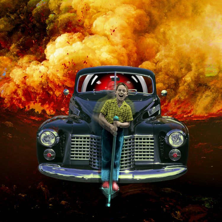 A kid bouncing on a pogo-stick in front of a giant, onrushing vintage black sedan, with the glaring red eye of HAL9000 from Kubrick's '2001: A Space Odyssey' behind the wheel. The background is a fiery, smoky hellscape.


Image:
Cryteria (modified)
https://commons.wikimedia.org/wiki/File:HAL9000.svg

CC BY 3.0
https://creativecommons.org/licenses/by/3.0/deed.en