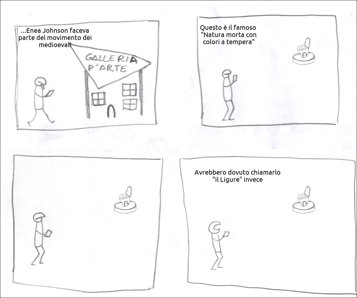 un tizio va alla galleria d'arte e pensa: «...Enea Johnson faceva parte del movimento dei medioevali»
il tizio guarda un'opera d'arte e pensa: «Questo è il famoso  "Natura morta con  colori a tempera"»
il tizio guarda l'opera con fare pensoso
il tizio esclama: «Avrebbero dovuto chiamarlo "il Ligure" invece»
