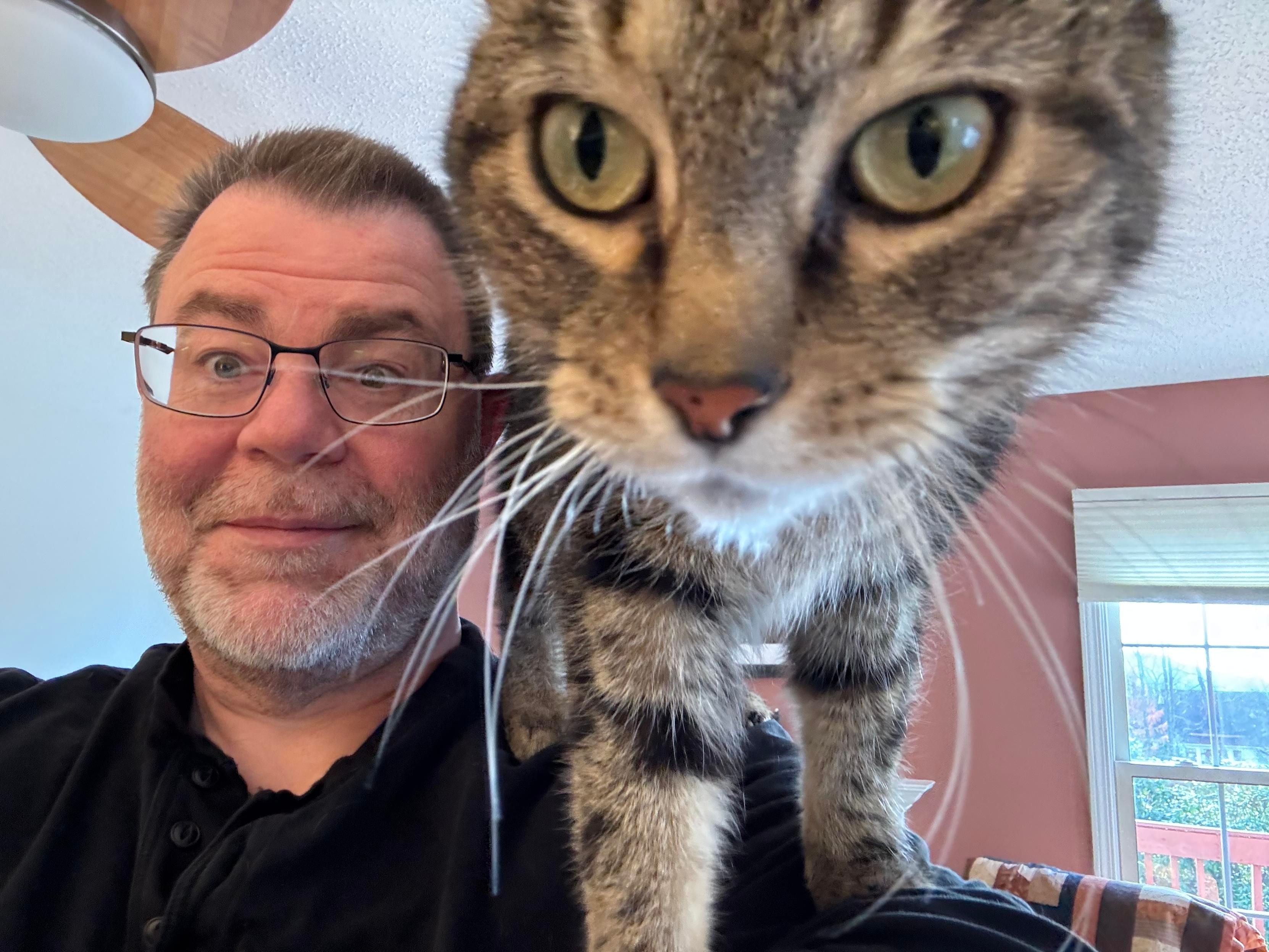 A middle-aged white guy with lots of grey in his beard and glasses, with a tabby cat on his shoulder putting its face right in the camera. 