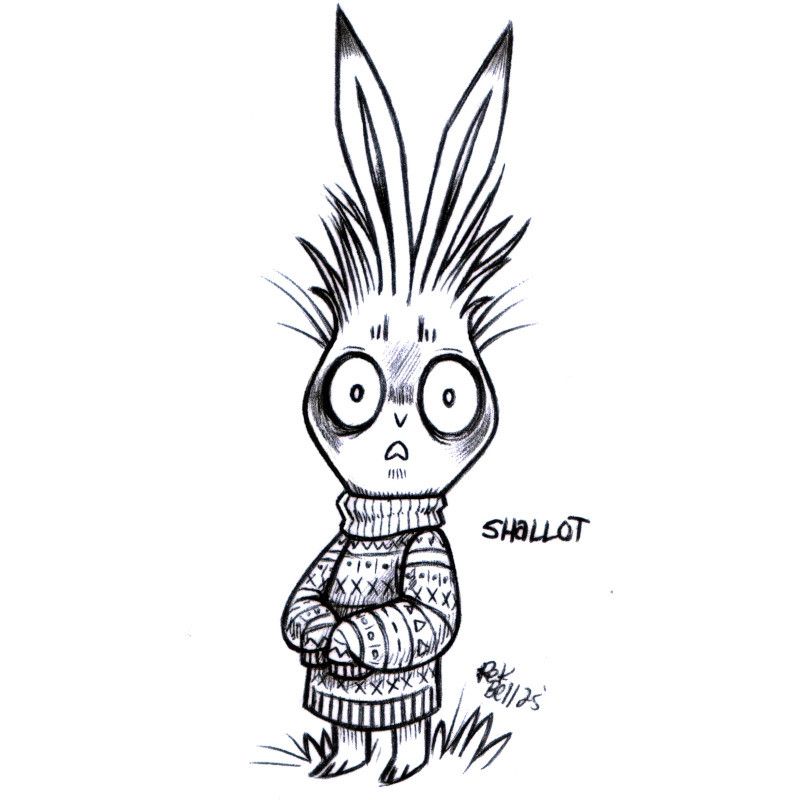 A drawing of a humanoid rabbit named Shallot. They are standing, looking a little alarmed, wide-eyed, mouth agape. They are long and thin, with an overall very narrow body shape, resembling a shallot. They are wearing a bulky sweater.