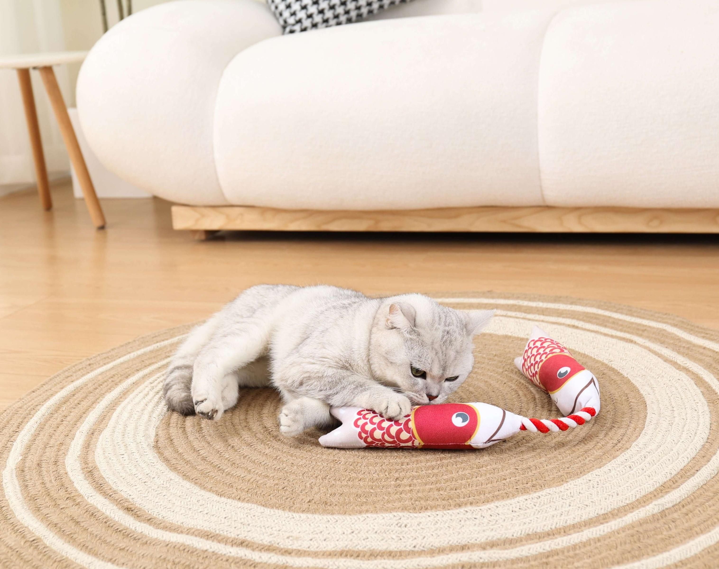 A cat playing with nunchucks that look like koi fish.