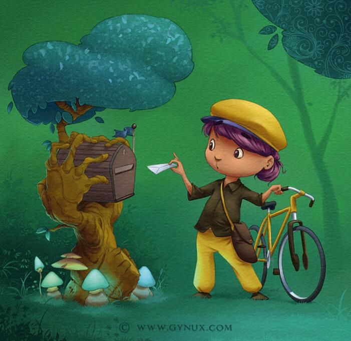 A character with postman clothes is holding a letter next to a strange looking mailbox installation.