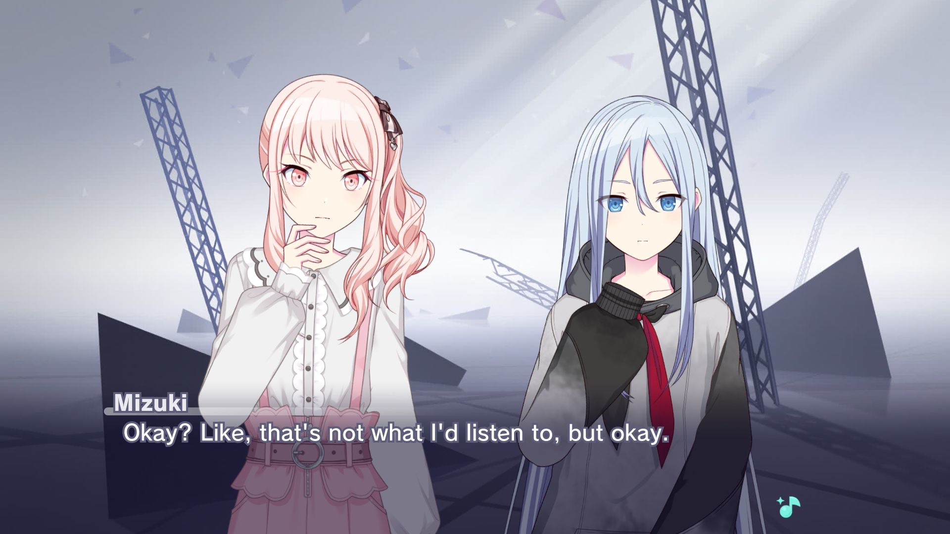 Mizuki responds to Lyth's answer with "Okay? Like, that's not what I'd listen to, but okay."