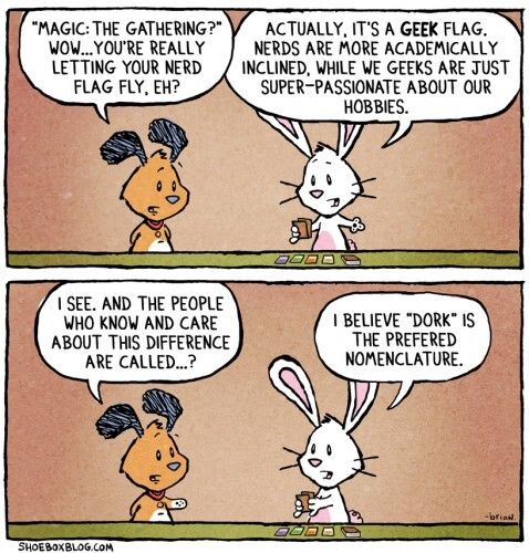 Brian Gordon's Chuck & Beans comic

A dog talking to a rabbit:
"Magic: the gathering? Wow... you're really letting your nerd flag fly, eh?"
"Actually it's a geek flag. Nerds are more academically inclined, while we geeks are just super-passionate about our hobbies."
"I see. And the people who know and care about this difference are called...?"
"I believe 'dork' is the preferred nomenclature."
