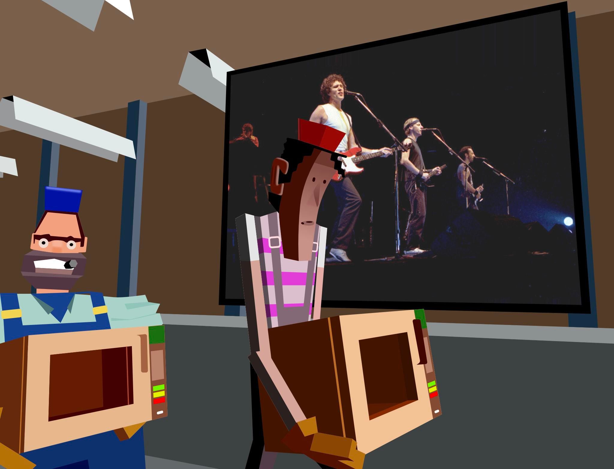 Vector drawing of a still from the seminal Dire Straits video to "Money for Nothing", 1985. Two, very low-poly, 3D rendered handymen are carrying microwave ovens in a simple hallway. Behind them a huge TV screen with Dire Straits on stage.