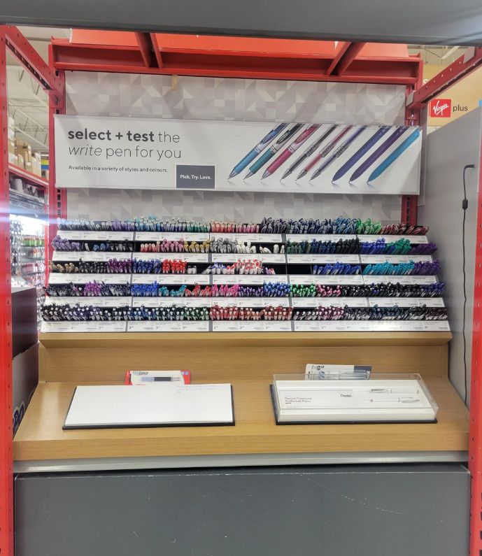 image of a kiosk in a stationary store to test different kinds of pens on paper.