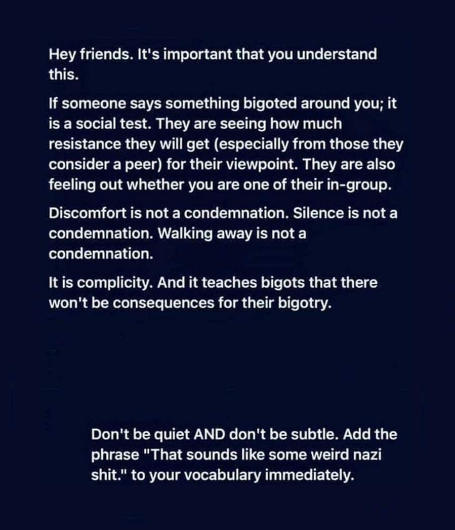 Hey friends. It's important that you understand this.

If someone says something bigoted around you; it is a social test. They are seeing how much resistance they will get (especially from those they consider a peer) for their viewpoint. They are also feeling out whether you are one of their in-group.

Discomfort is not a condemnation. Silence is not a condemnation. Walking away is not a condemnation.

It is complicity. And it teaches bigots that there won't be consequences for their bigotry.

Don't be quiet AND don't be subtle. Add the phrase "That sounds like some weird nazi shit." to your vocabulary immediately.