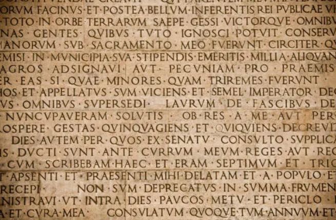 Immagine piena di parole scritte in latino. Rappresenta una parete incisa in marmo. 