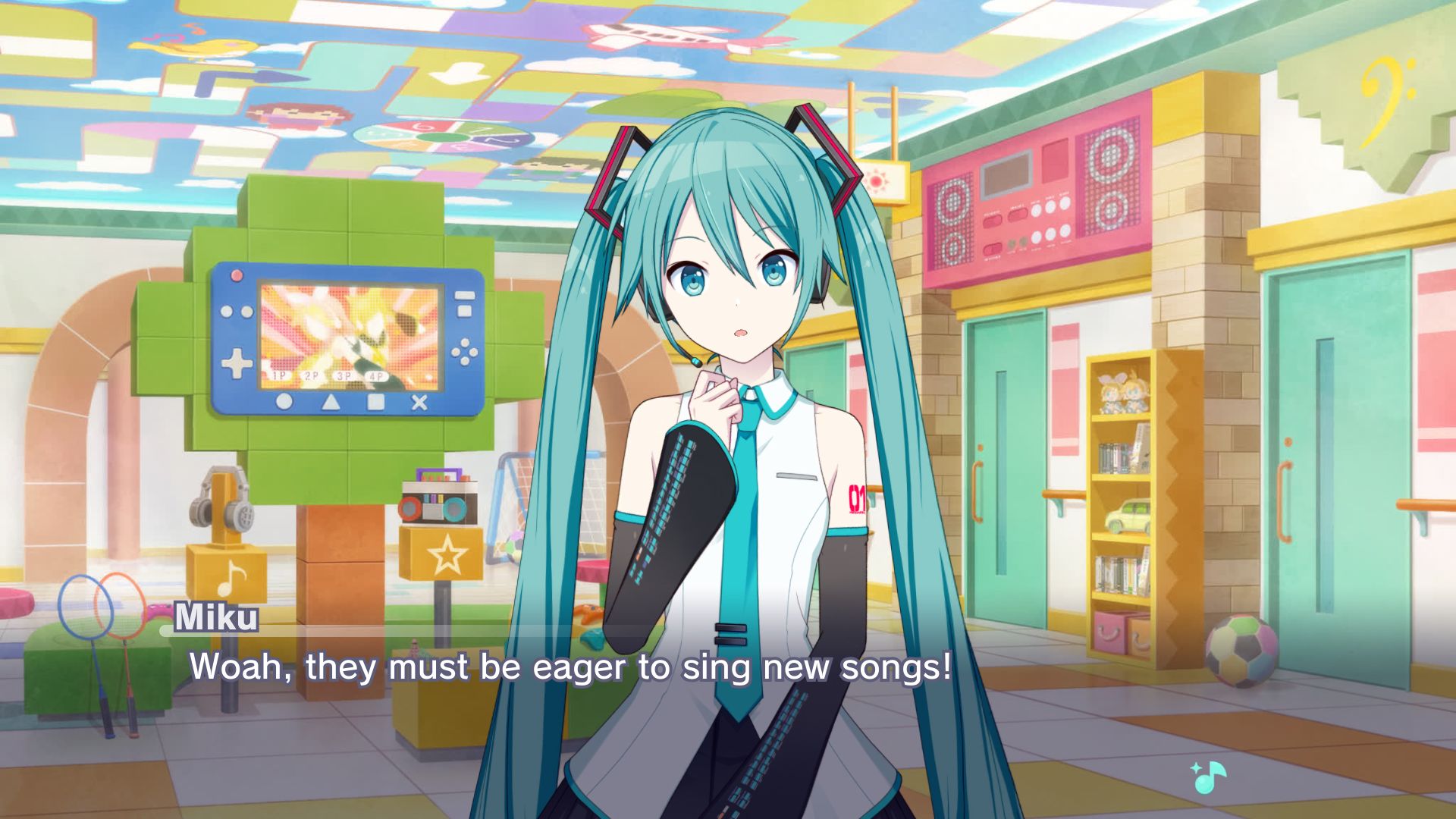 Made from Project Sekai's story board, in a toy house, Hatsune Miku says "Woah, they must be eager to sing new songs!"