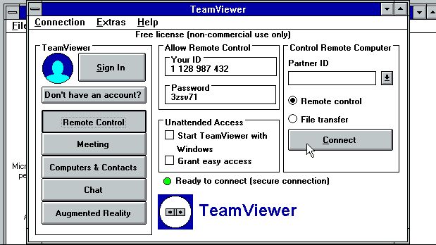 Screenshot of ostensibly TeamViewer running under Windows 3.11, with the window and all the widget in Windows 3.11 style