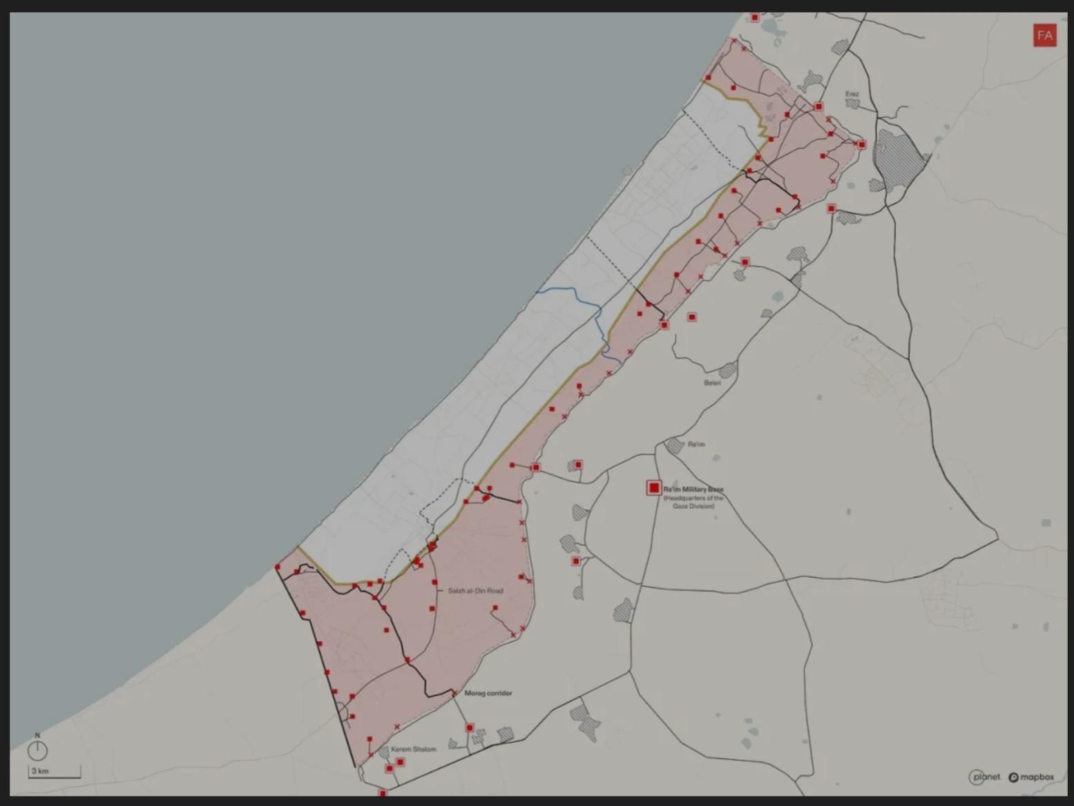 Map showing new military outposts inside Gaza.
