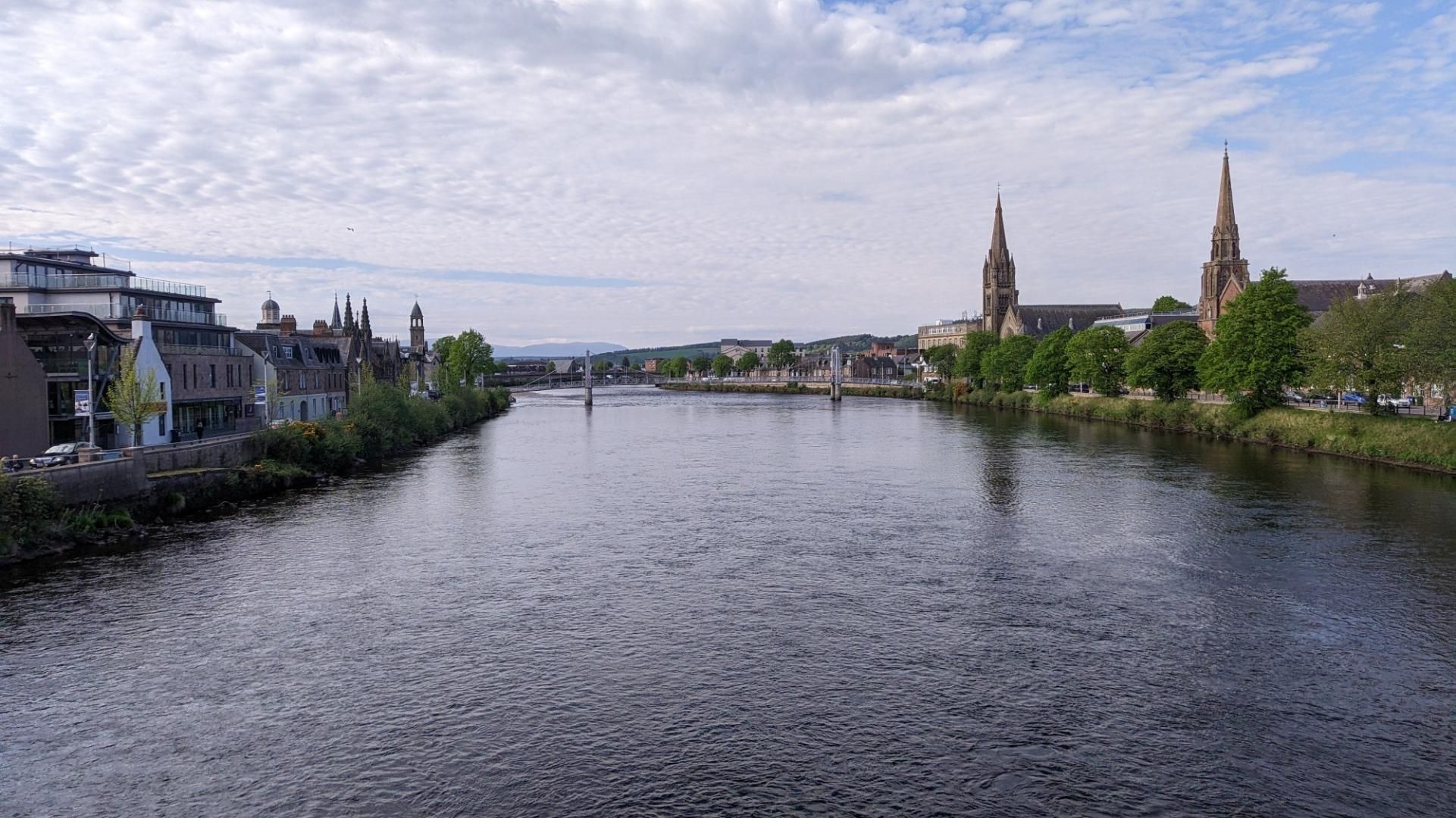 River Ness with suspended footbridge and chruch on the right