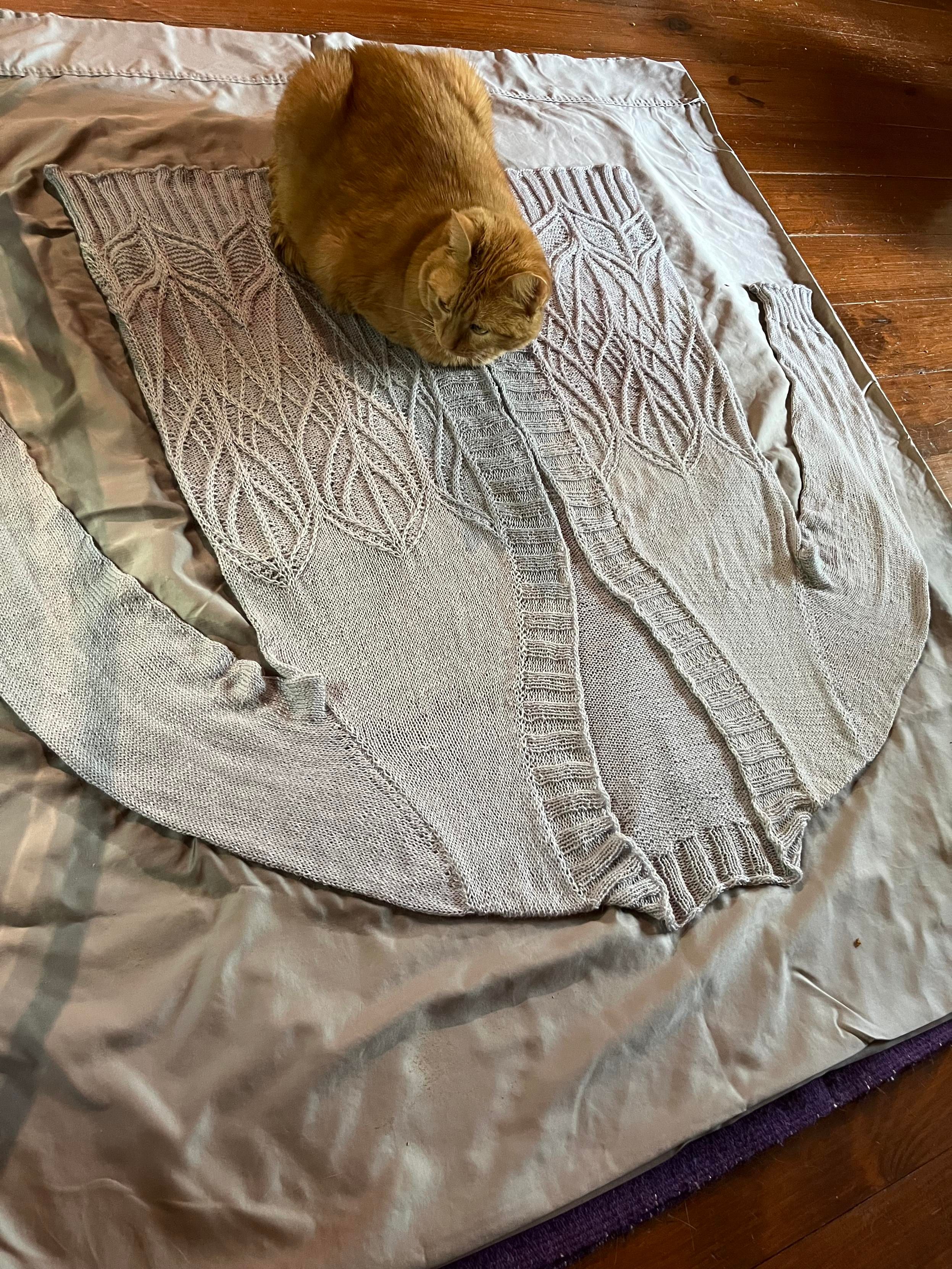 Grey sweater with intricate tracery of fine cables blocking on a greenish sheet. A ginger cat is assisting with the blocking by meatloafing on the sweater.