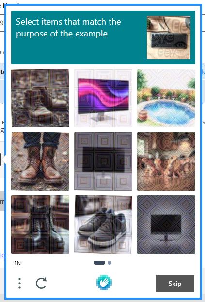A captcha saying "Select items that match the purpose of the example". A gray box containing a black rectangle and the words EYEE EEY is shown next to images of shoes, computer monitors, lizards, and a swimming pool.