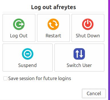 Linux Mint XFCE log out pop up display panel with options to log out, restart, shut down, etc...