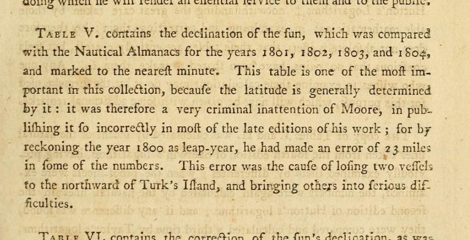 excerpt from Bowditch's Practical Navigator, in which he writes: "it was therefore a very criminal inattention Of Moore, in publishing [the table of declinations of the sun] so incorrectly in most of his work; for be reckoning the year 1800 as leap-year, he had made an error of 23 miles in some of the numbers. This error was the cause of losing two vessles to the northward of Turk's Island, and bringing others into serious difficulties"