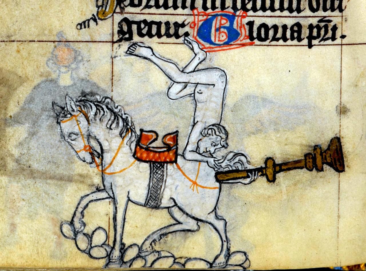 Butt trumpeting horse (above: ‘Gloria Patri’ - 'Glory be to the Father’). ‘The Maastricht Hours’, Liège 14th century. British Library, Stowe 17, fol. 153v.
#medieval #MedievalArt