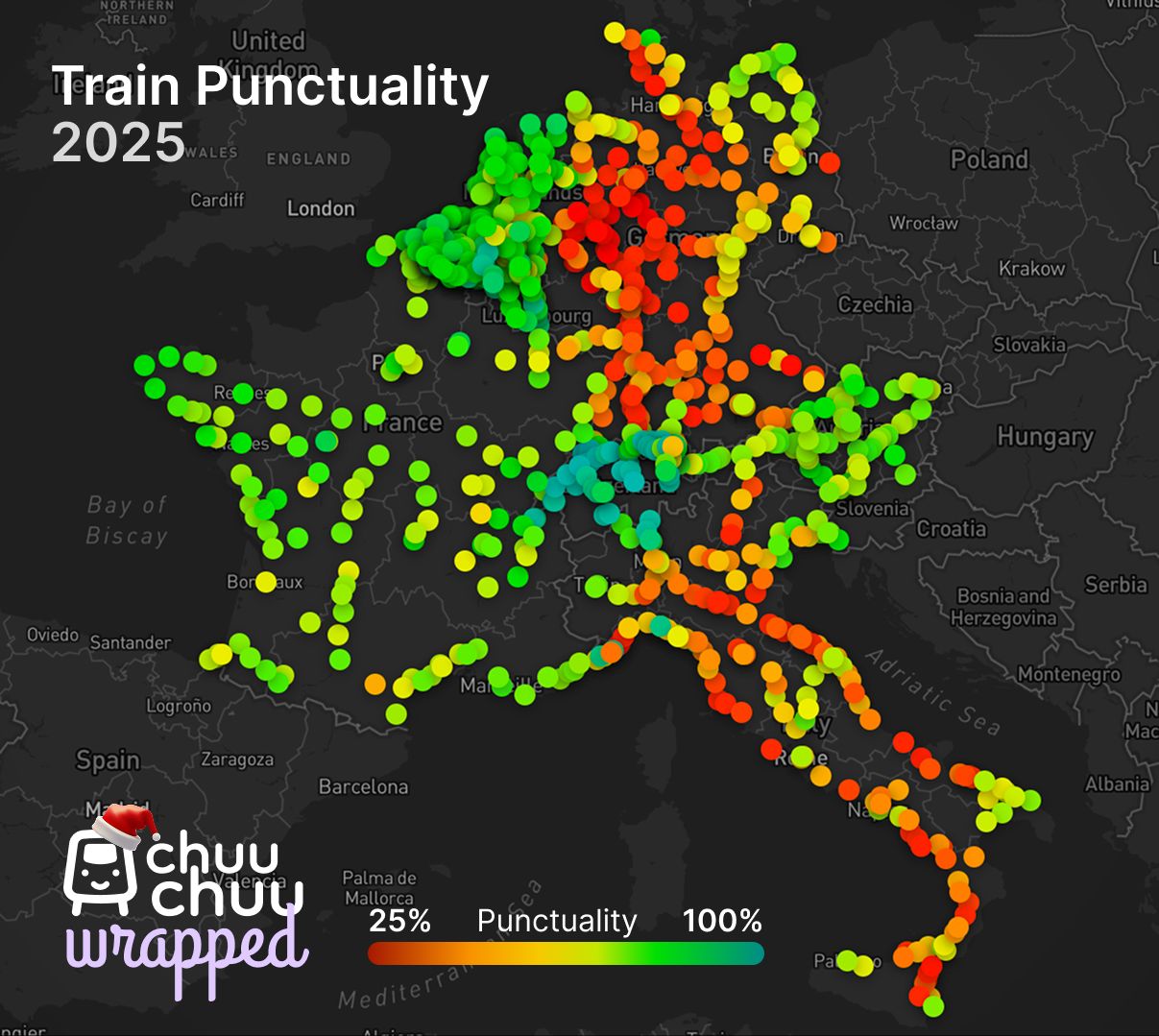 Map of European train punctuality showing punctuality per station. Germany and Italy clearly have worse punctuality, while Switzerland is has the most on-time trains.