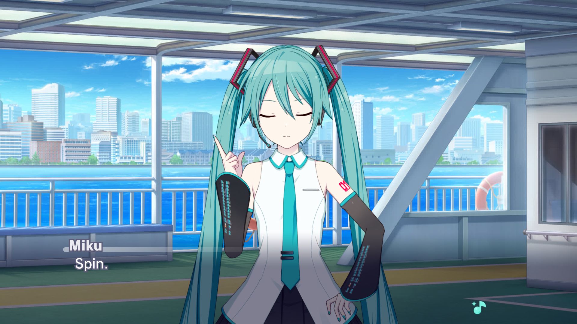 Made from Project Sekai's story board, on a boat, Hatsune Miku says "Spin."