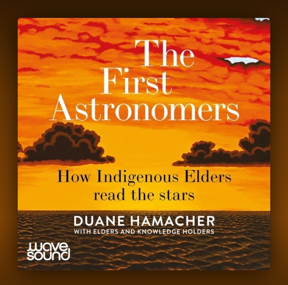 cover of the mentioned book. styled view with majorly golden yellows and warm oranges and darker brown sea and clouds as colour palette.

scene shows sea, sky and implicates of space too.
