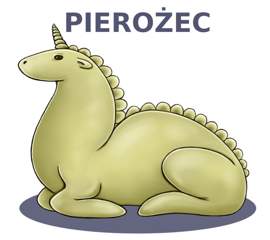 Cartoon style drawing of a round/curvy creature made of dumpling. It has a shape of lying/sitting unicorn, dumpling edge is making its mane and spiral horn. There is a big description "Pierożec" above its head.