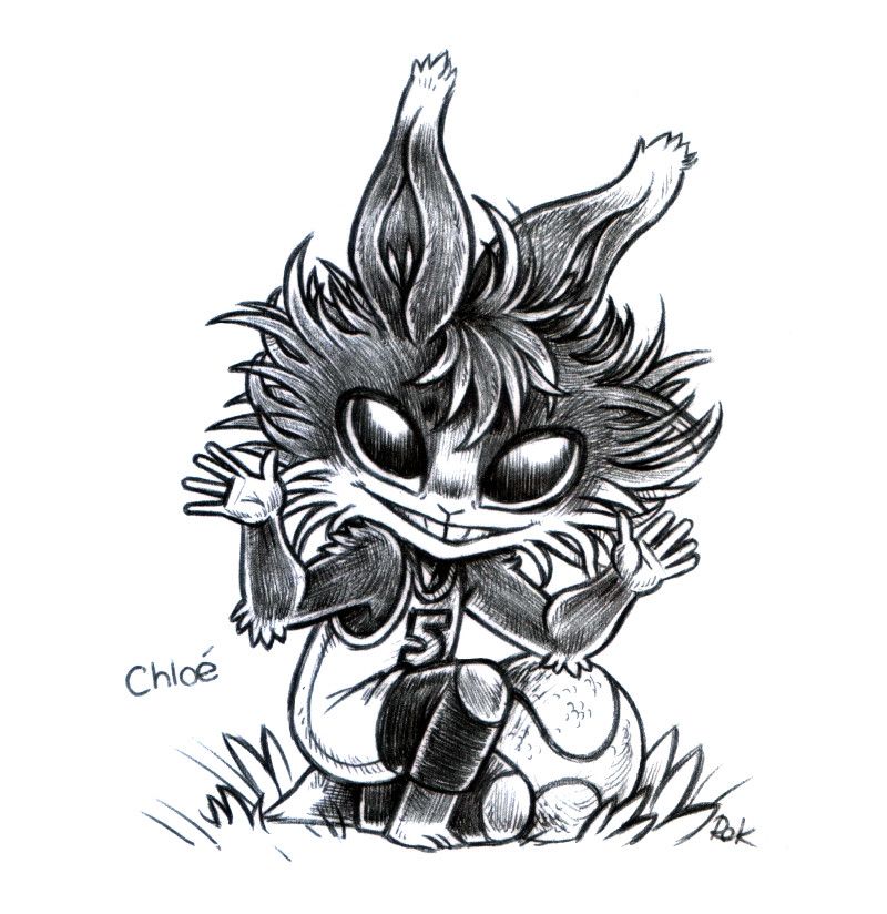 a humanoid rabbit with dark fur, white in the snout and lower face/hands. They are wearing sports clothes and they have very dishevelled fur. They are kneeling on one knee, grinning, hands open towards the viewer with a basketball beside them.