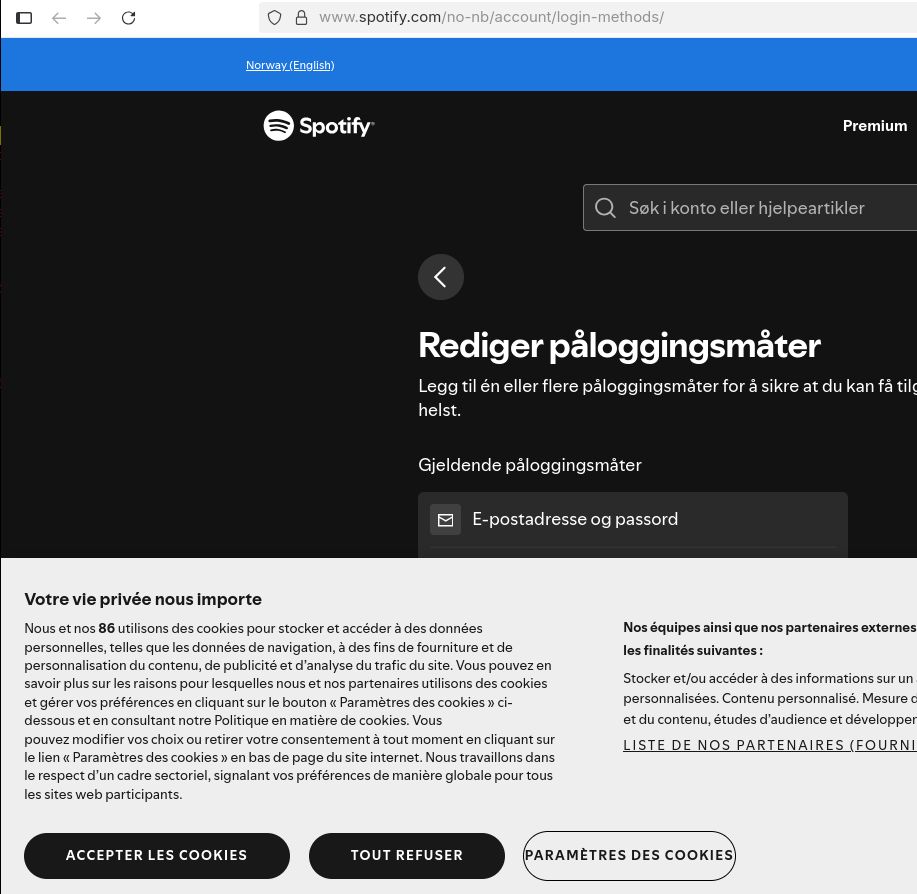 Screenshot fra en Spotify URL som peker på /no-nb/ (norsk bokmål), med tekst på siden på norsk men med cookiebanner på fransk.