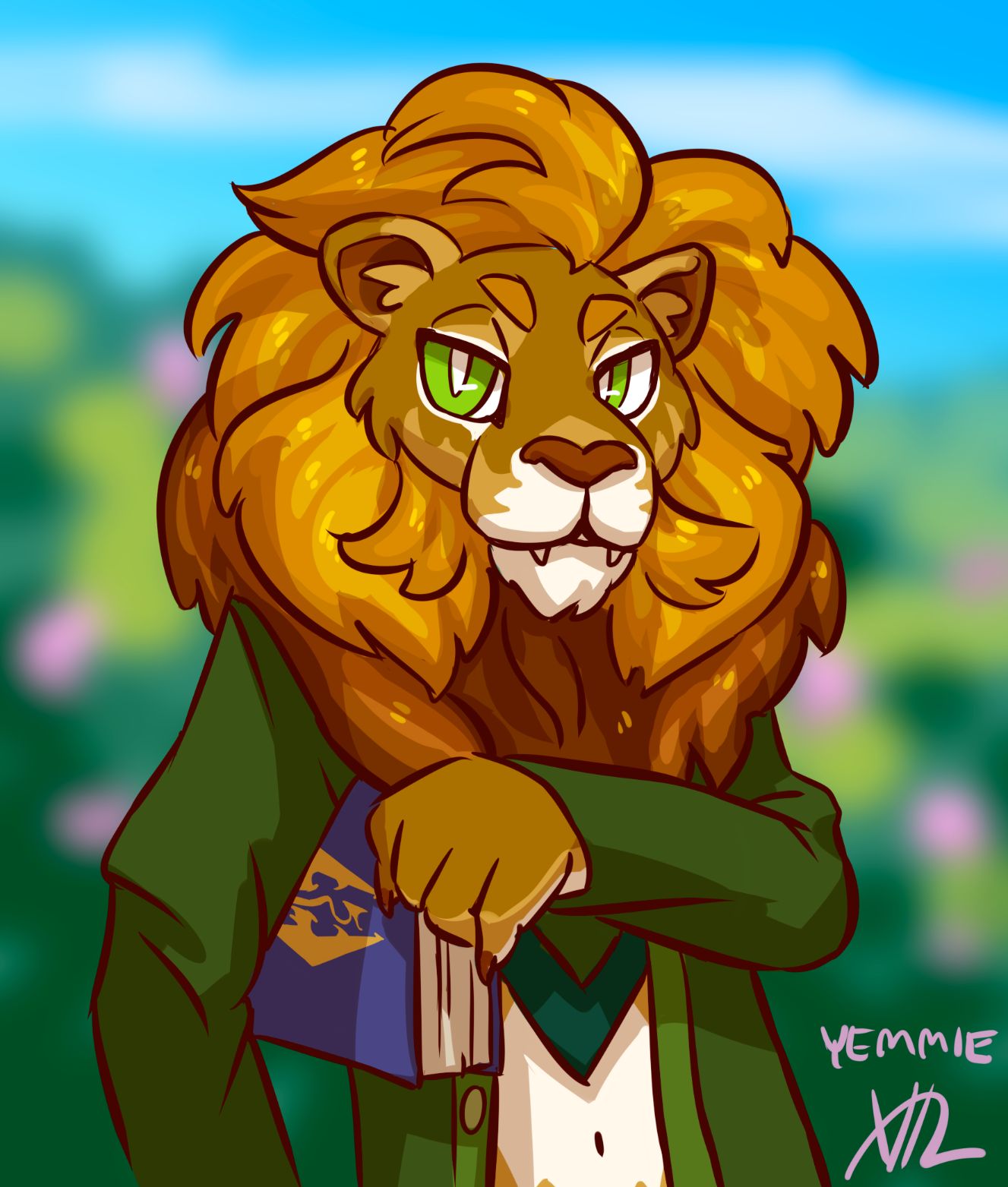 A vibrant drawing of an anthro male lion with a bright golden mane and light green eyes. He's standing upright wearing a green blazer and has a book with the Imperial Legion symbol from the Elder Scrolls on its cover. Art by @YemmieArts@furry.energy