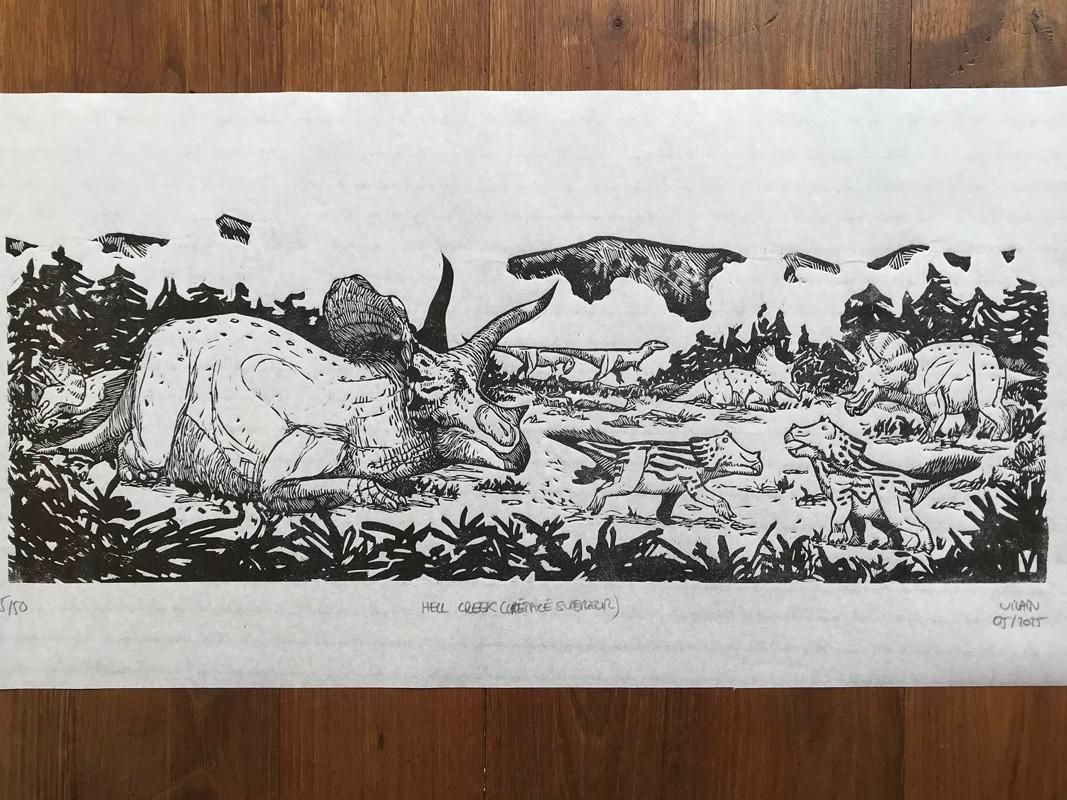 Grande estampe noir et blanc d'un petit troupeau de tricératops