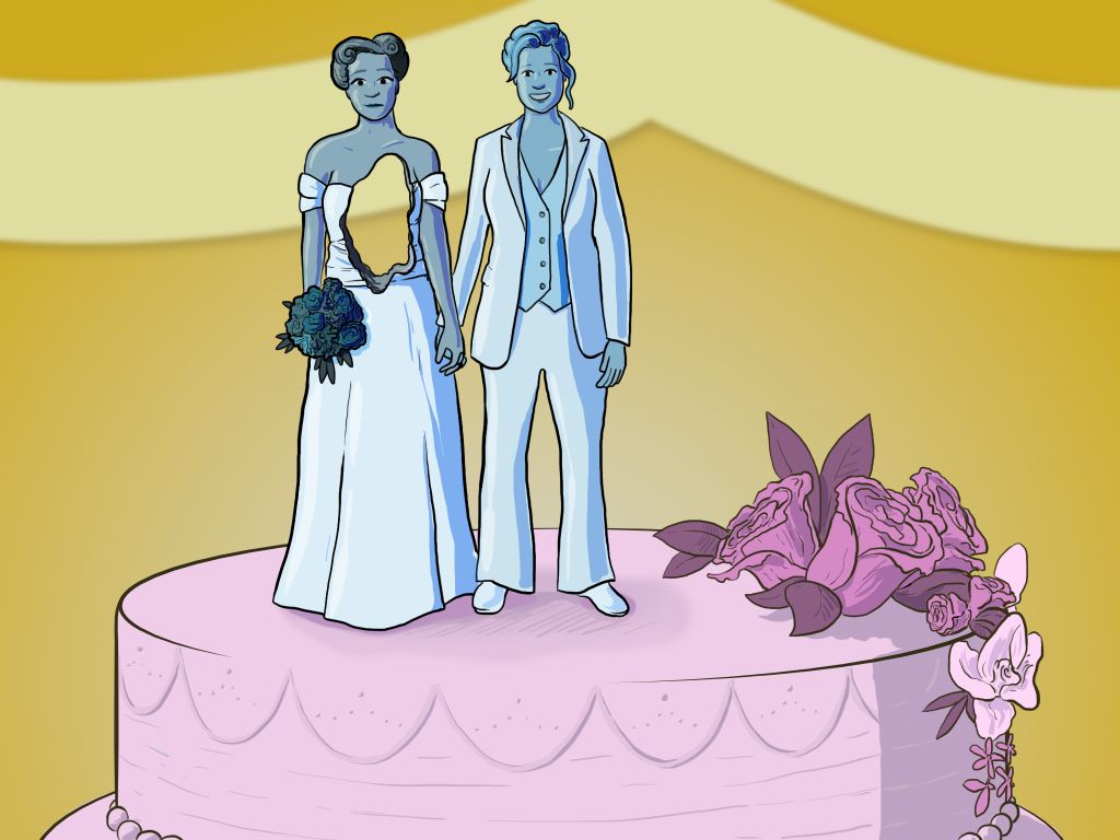 Atop a pretty pink wedding cake, one bride in a white suit smiles and looks beautiful, while a bride in a white dress holds flowers in a limp hand and wears an expression of resignation. The resigned bride has a piece missing from her stomach and chest area, we can see right through to the wall behind.