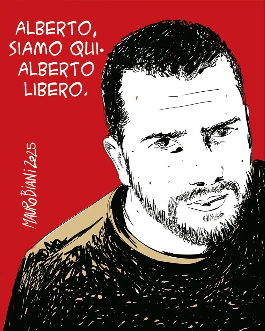 Vignetta di Alberto Biani per L'Espresso, dove si invoca libertà per Alberto Trentini.