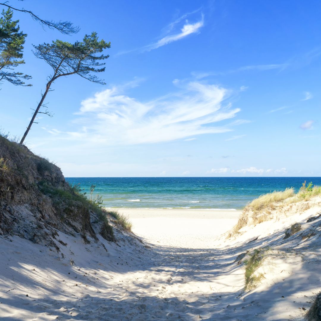 A sandy path leading through coastal dunes to a serene beach, with turquoise waves under a bright blue sky at the Baltic Sea near Łeba, Poland.