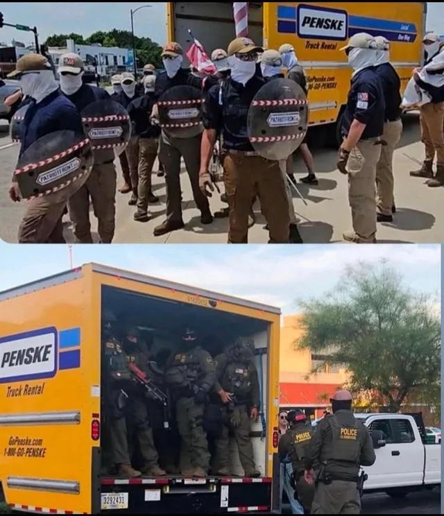 Two photographs:

1. Neo-Nazis from the group Patriot Front stepping out of a Penske truck rental.

2. Militarized mercenaries from Border Patrol climbing back into a Penske rental truck.