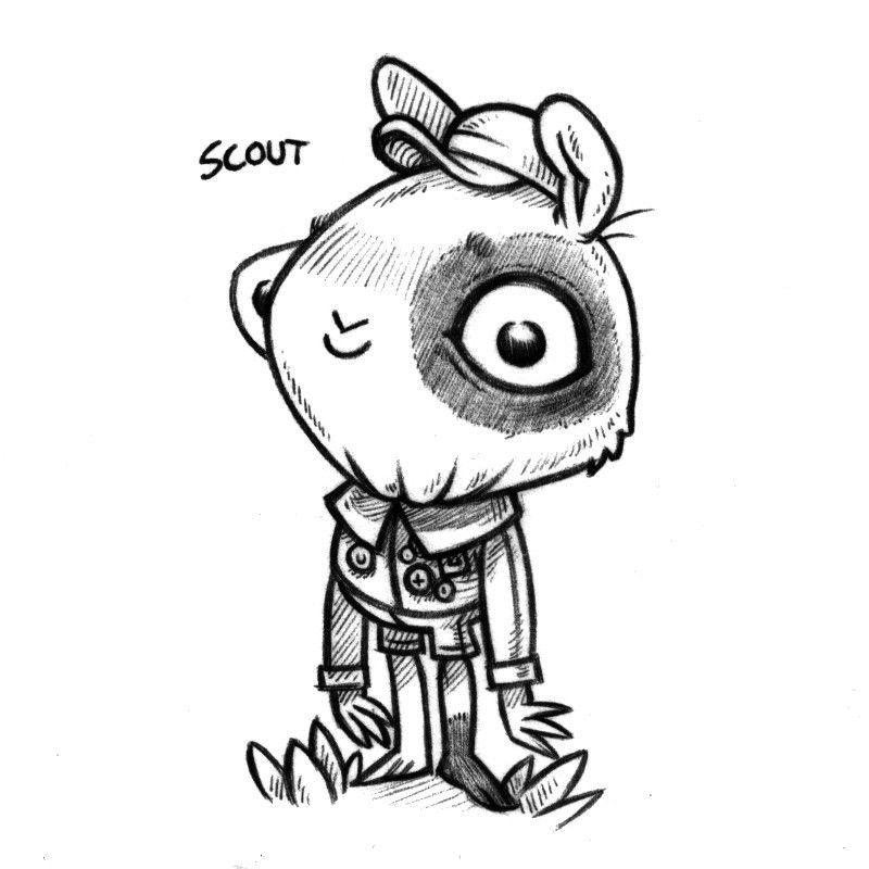 an ink drawing of a humanoid rabbit named Scout. Scout looks young, has small ears, has a big head and is wearing a scout's uniform. The collar of their shirt appears to be a bit too tight... their eyes appear to be bulging out a little.