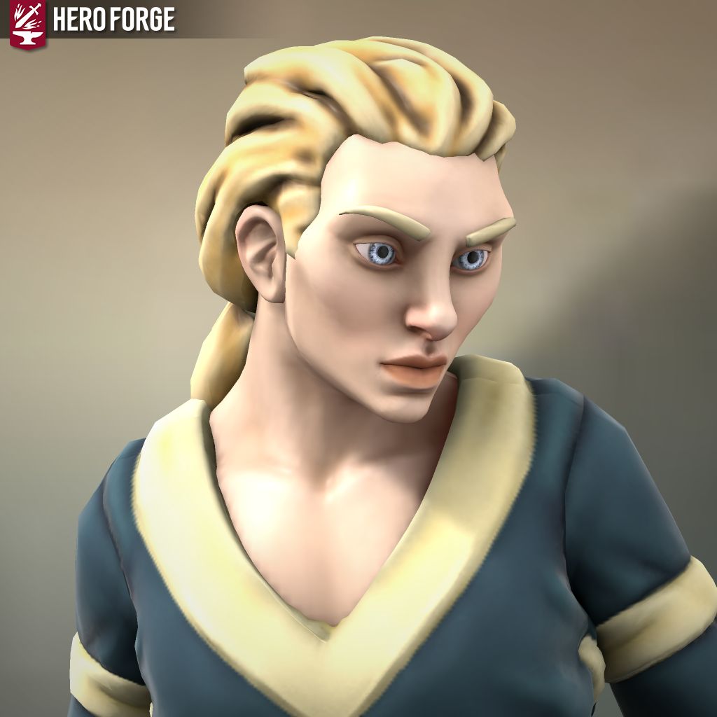 Heroforge creation of main character Jenifry, a very pale, blonde woman with light blue-grey eyes