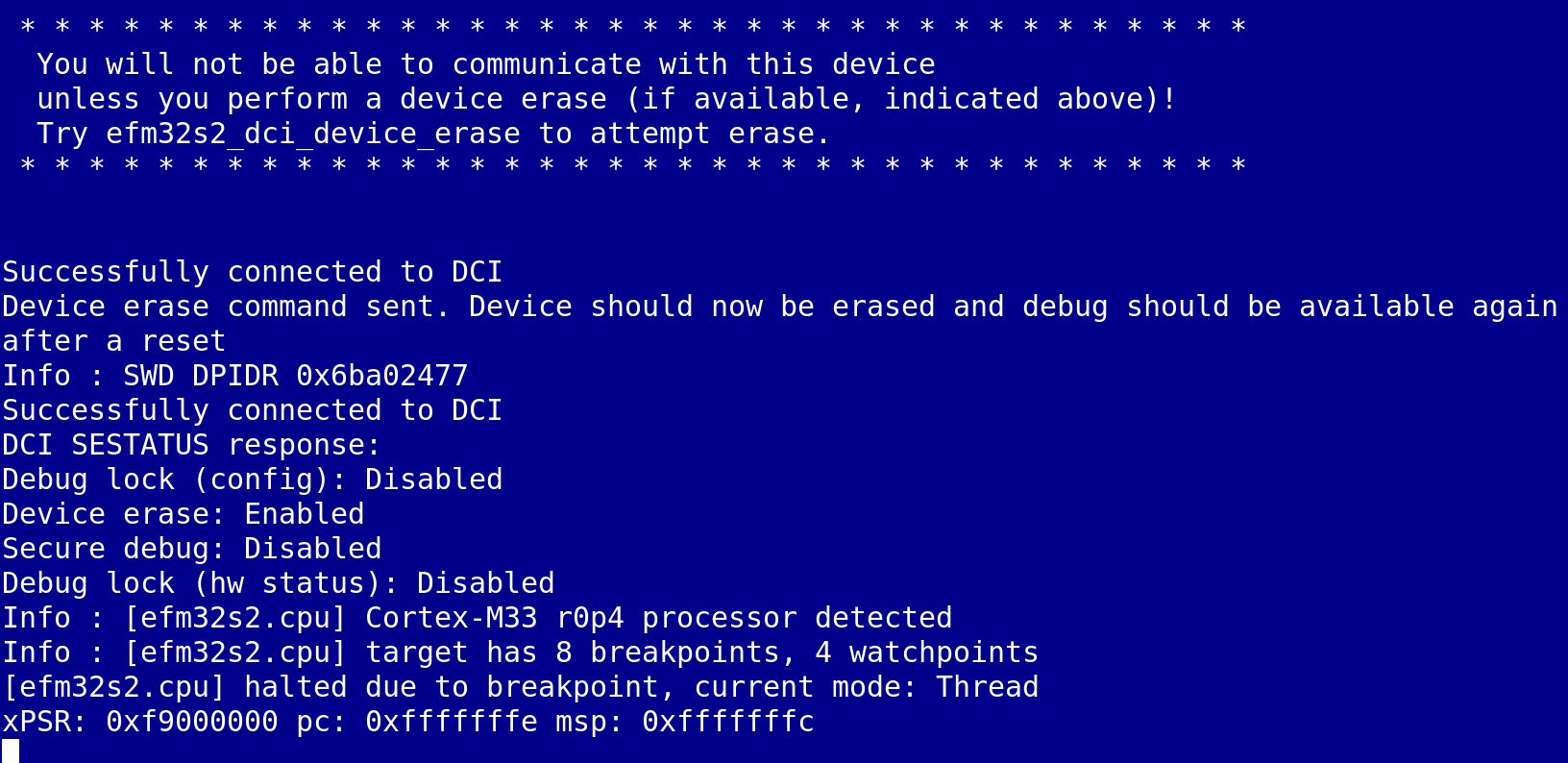 openocd session that shows debug lock disabled and a efm32s2 cpu cortex-m33 r0p4 processor.