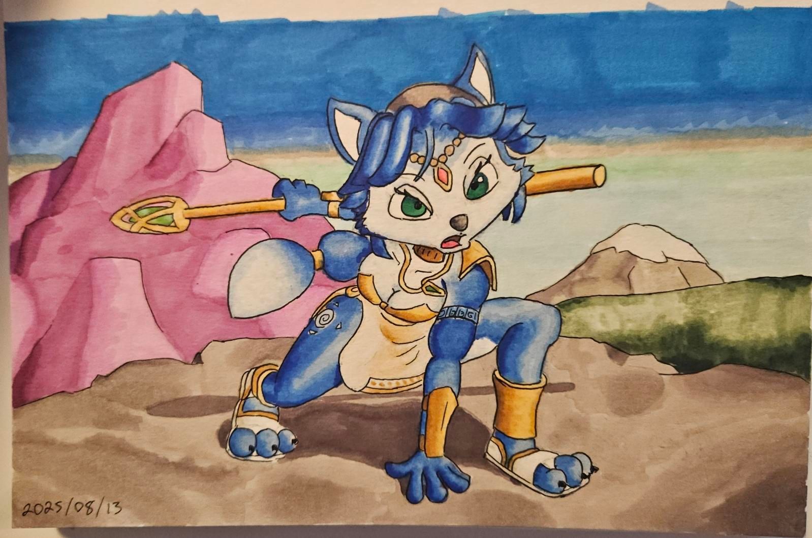 Marker and pen drawing of blue anthromorphic female canine crouching on rock holding magic spear behind her. Background is mountains and grassy hills.