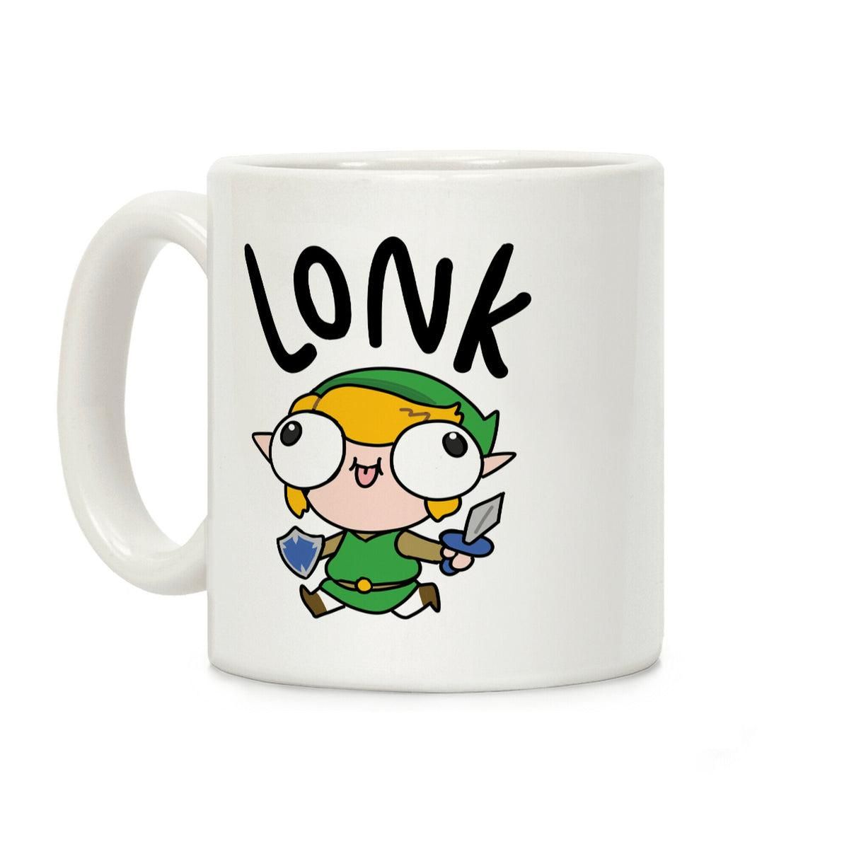 A white mug with a cartoon version of Link with huge derpy eyes. It says LONK.