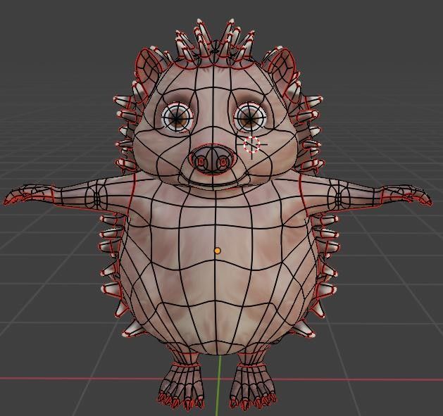 Maillage d'un hérisson modélisé dans Blender 3D. Vue de  face. Pose en T.