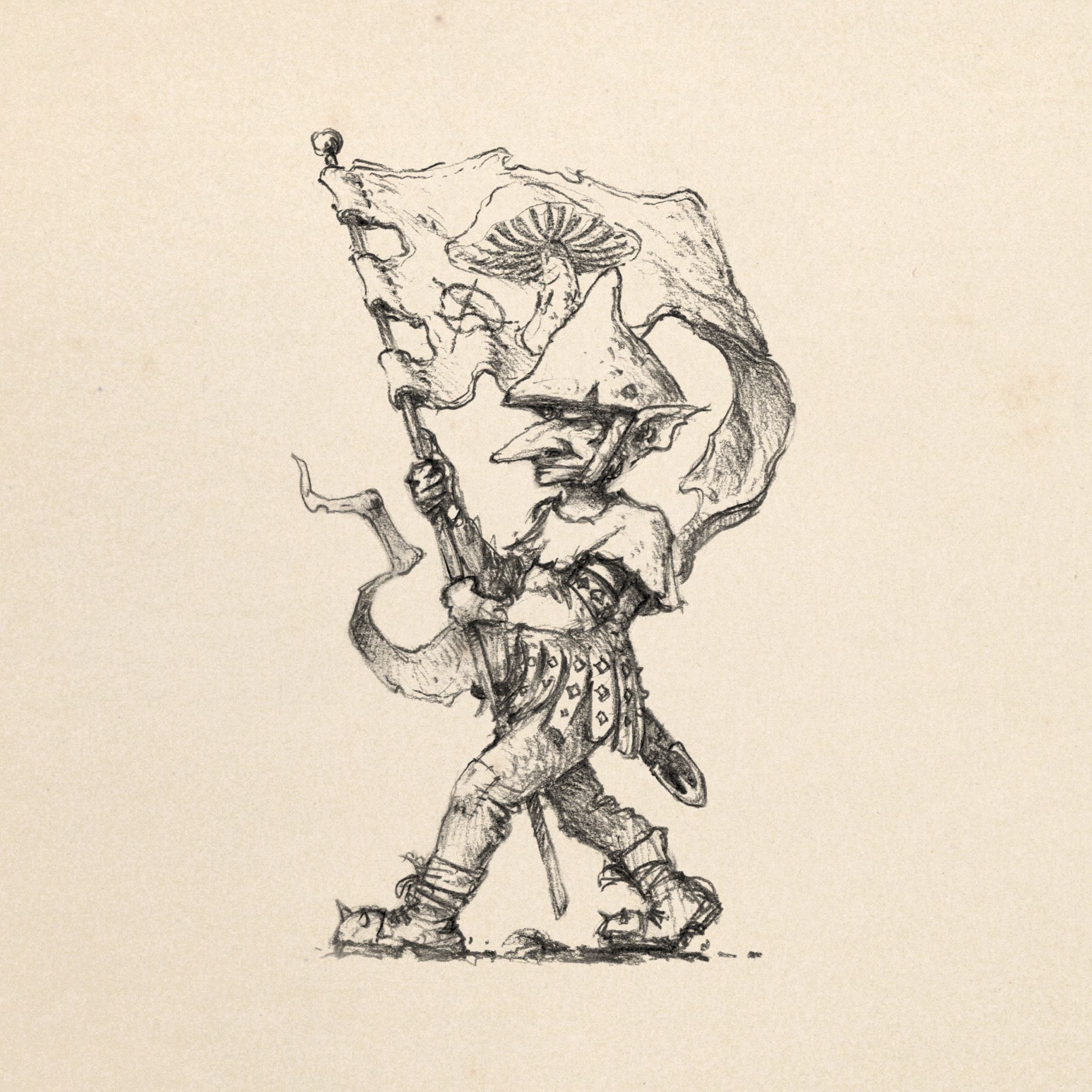 pencil drawing of a goblin walking with a large banner with a mushroom and a circle A on it, waring a mushroom shaped hat and wearing light armor.